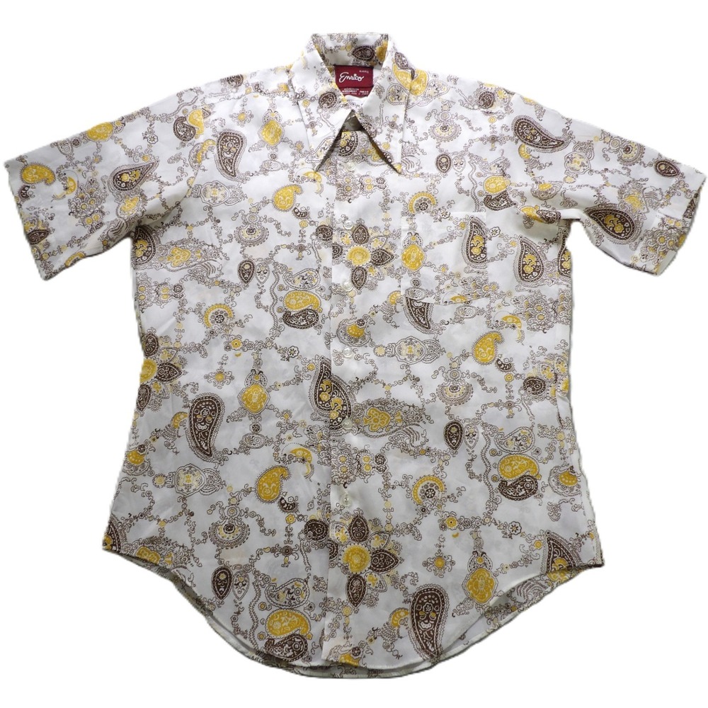 VTG 70s Enrico Shirt Men M White Brown Paisley Short Sleeves Button Bohemian Top